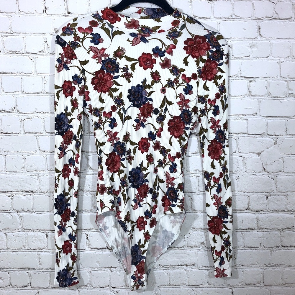 Long Sleeve Bodysuit Ribbed Floral Blue Red Medium